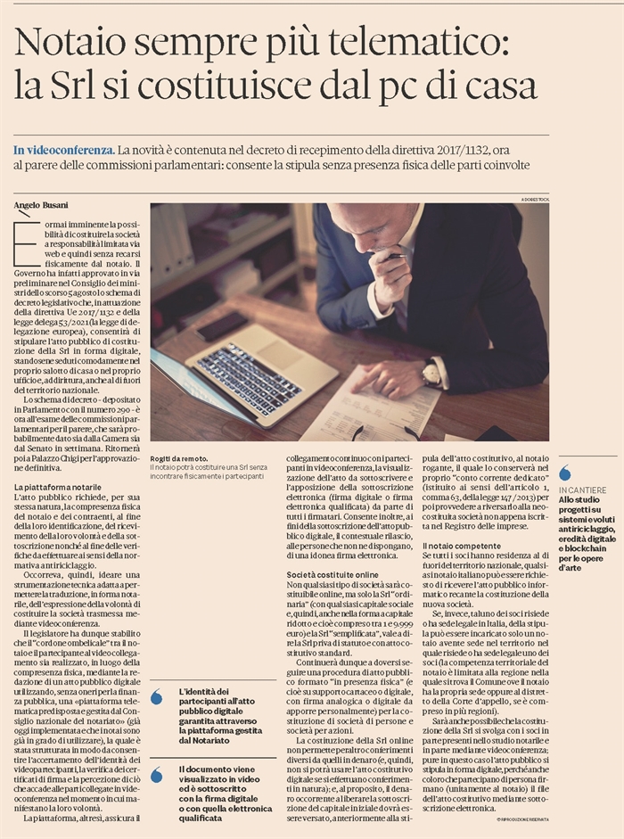 SOCIETA ' - Imminente la costituzione di Srl in via telematica (pagina)
