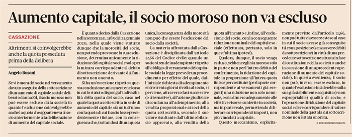 SOCIETA' - No all'esclusione del socio moroso nell'aumento di capitale