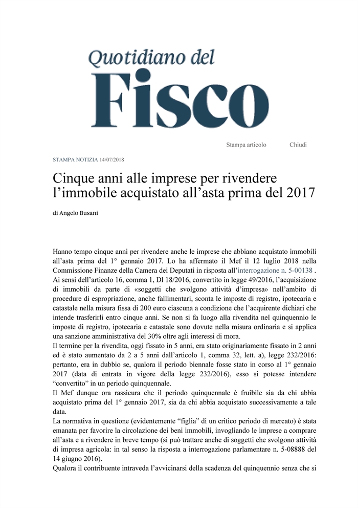 IMMOBILI COMPRATI ALL'ASTA - Agevolazione all'impresa che compra per rivendere 
