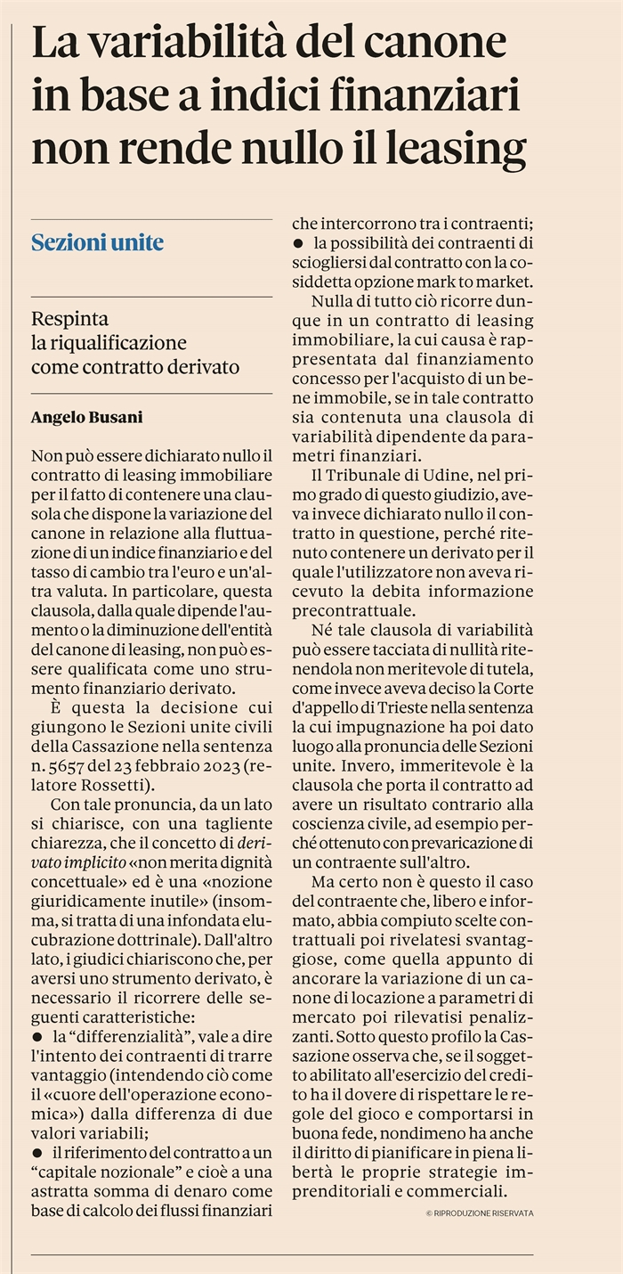 LEASING - Non è nullo se canone dipende da un indice finanziario