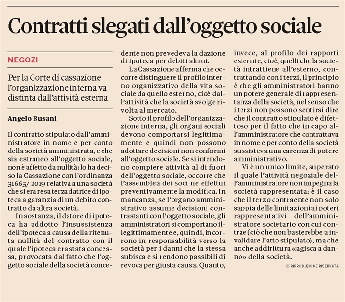 SOCIETA' - Contratto stipulato in violazione dell'oggetto sociale