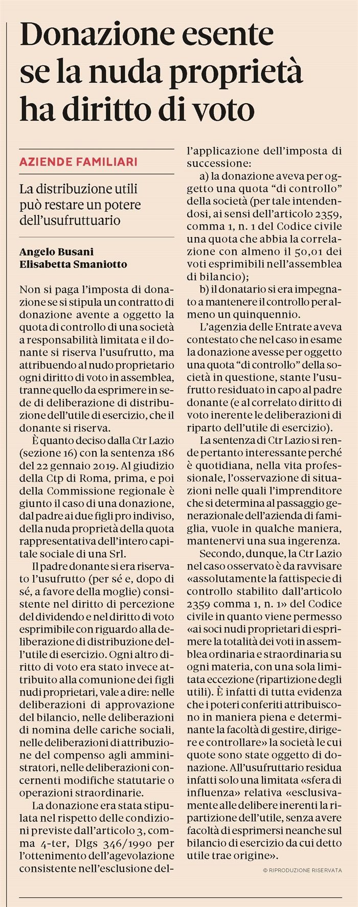 IMPOSTA DI DONAZIONE - Esente la donazione della quota di controllo con riserva di usufrutto