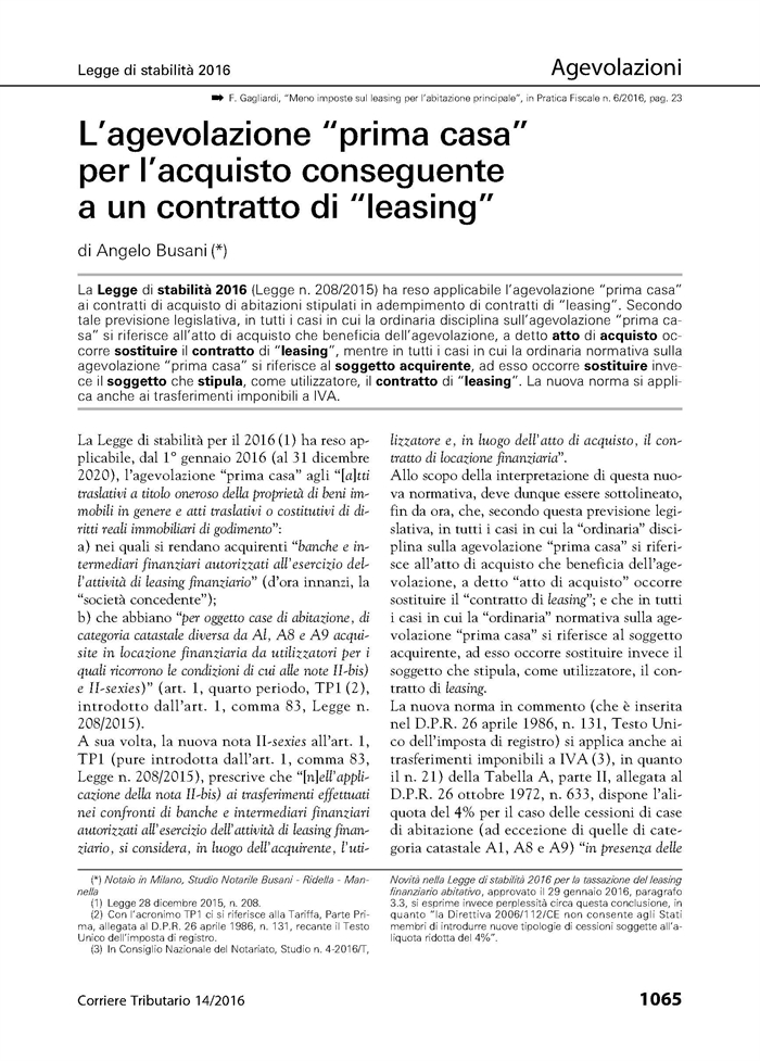 LEASING - Leasing abitativo e agevolazione "Prima Casa"
