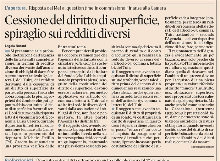 COMPRAVENDITA - C'è plusvalenza se il proprietario cede il diritto di superficie ?