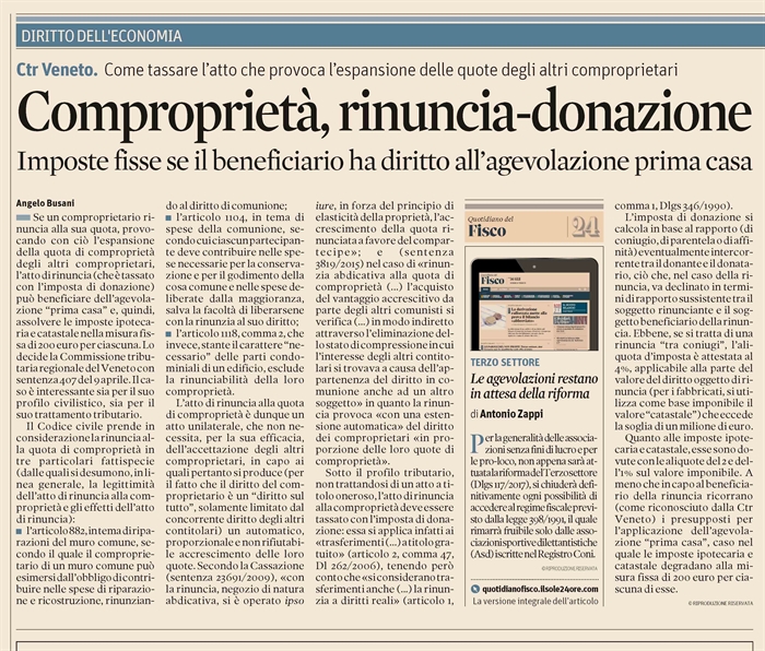 RINUNCIA ALLA QUOTA DI COMPROPRIETA' - Agevolazione "prima casa"