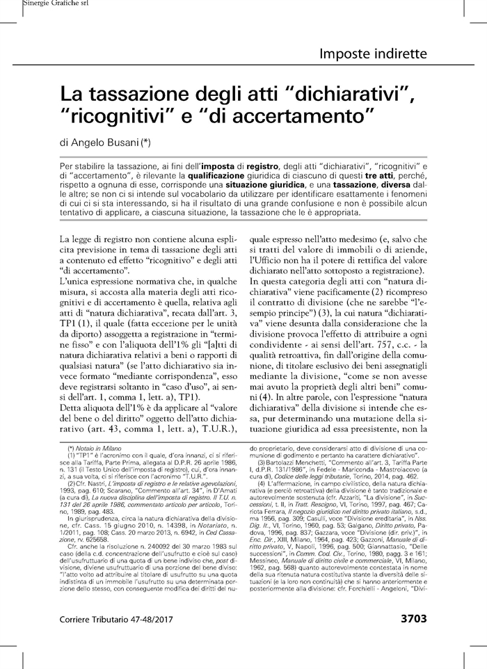 IMPOSTA DI REGISTRO - Atti dichiarativi, ricognitivi e di accertamento