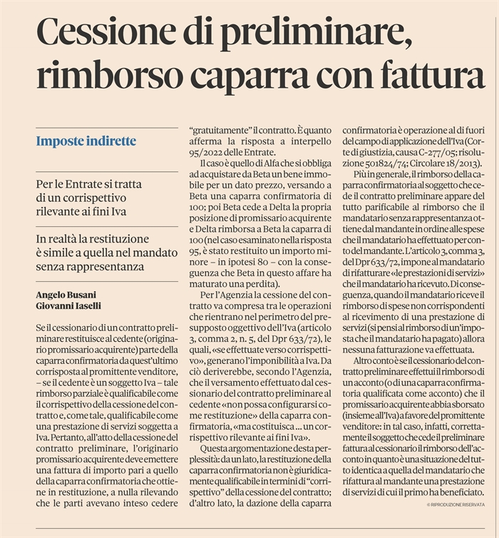 CONTRATTO PRELIMINARE - Fattura per il rimborso della caparra (pagina)