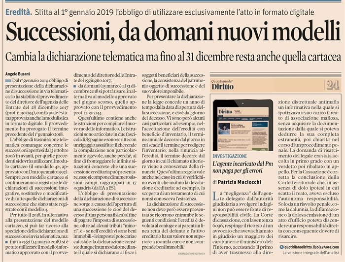 IMPOSTA DI SUCCESSIONE - Dal 15 marzo il nuovo modello telematico di dichiarazione di successione