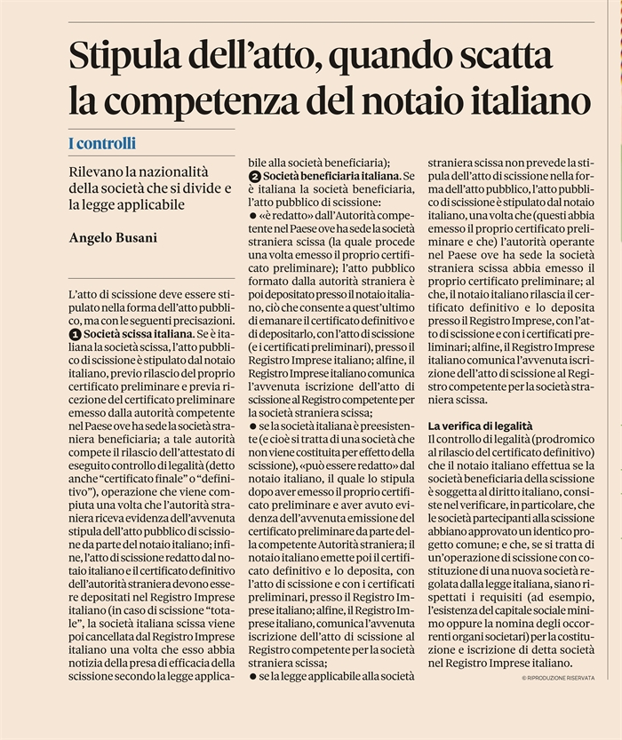 SCISSIONE TRANSFRONTALIERA - Le particolarità dell'atto di scissione