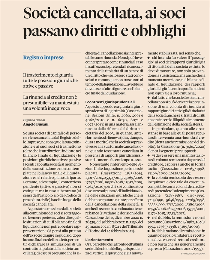 SOCIETA' CANCELLATA - Le posizioni giuridiche della società passano ai soci