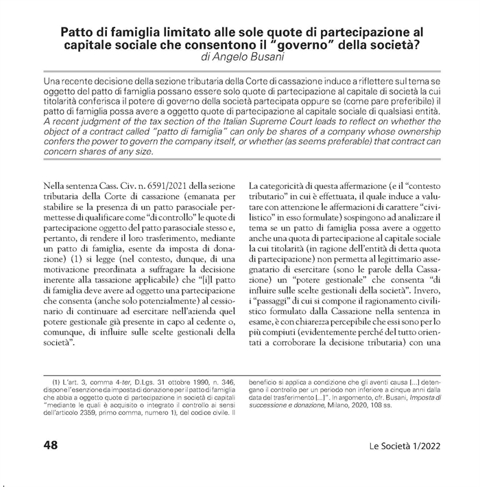 PATTO DI FAMIGLIA - Qualsiasi quota di capitale può esserne oggetto ?