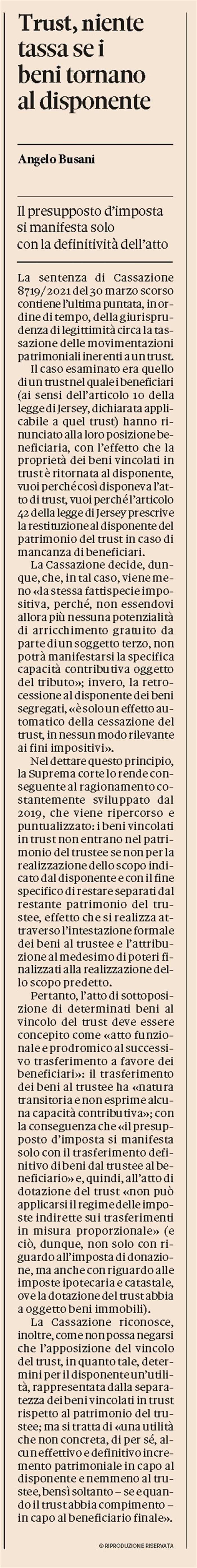 TRUST - Non si tassa il ritorno dei beni al disponente in mancanza di beneficiari