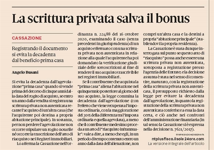 PRIMA CASA - Decadenza evitata con il riacquisto per scrittura privata registrata
