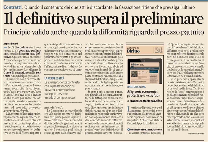 COMPRAVENDITA - Prevale il contratto definitivo, se contrasta con il contratto preliminare