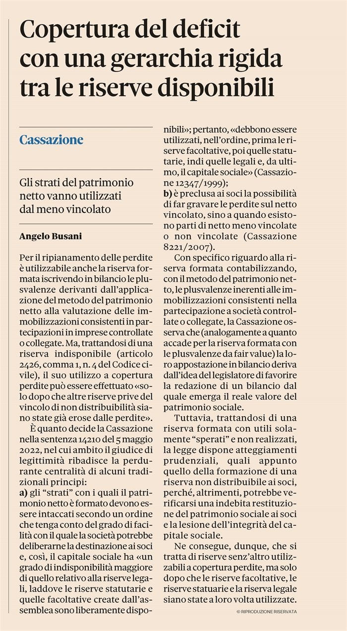SOCIETA' - Ordine di utilizzo delle riserve per ripianamento perdite
