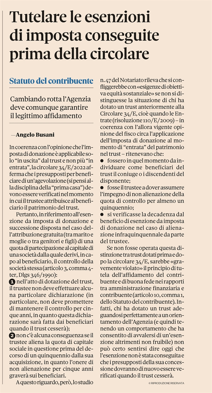 TRUST - Le agevolazioni fiscali dopo la circolare Entrate 34/E
