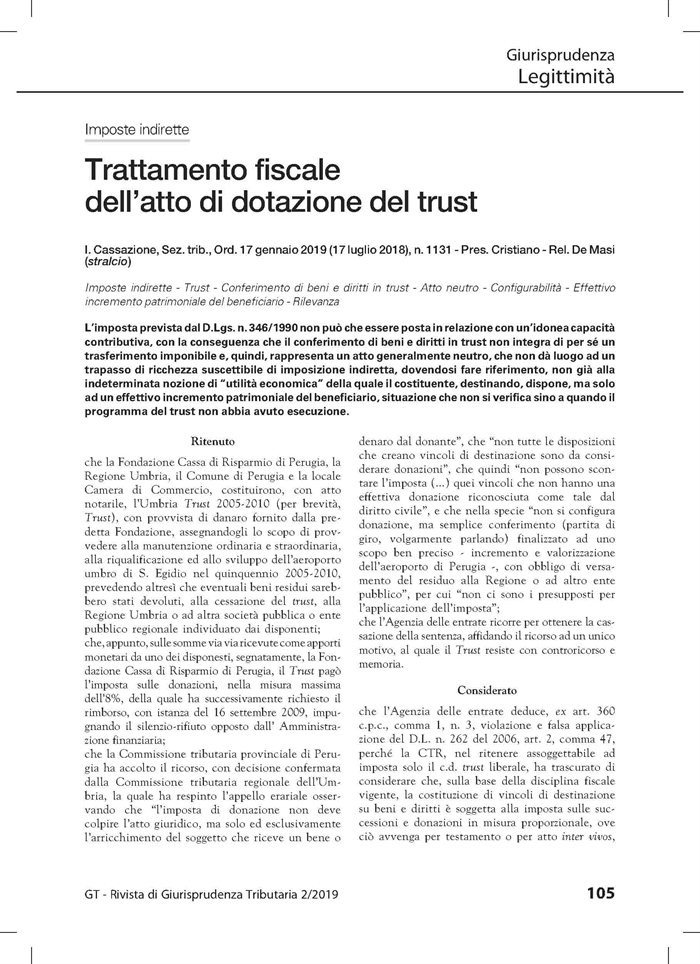 TRUST - La Cassazione e il trattamento fiscale dell'atto di dotazione del trust