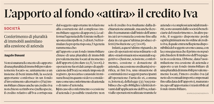 APPORTO A FONDO IMMOBILIARE - Credito Iva non chiesto a rimborso