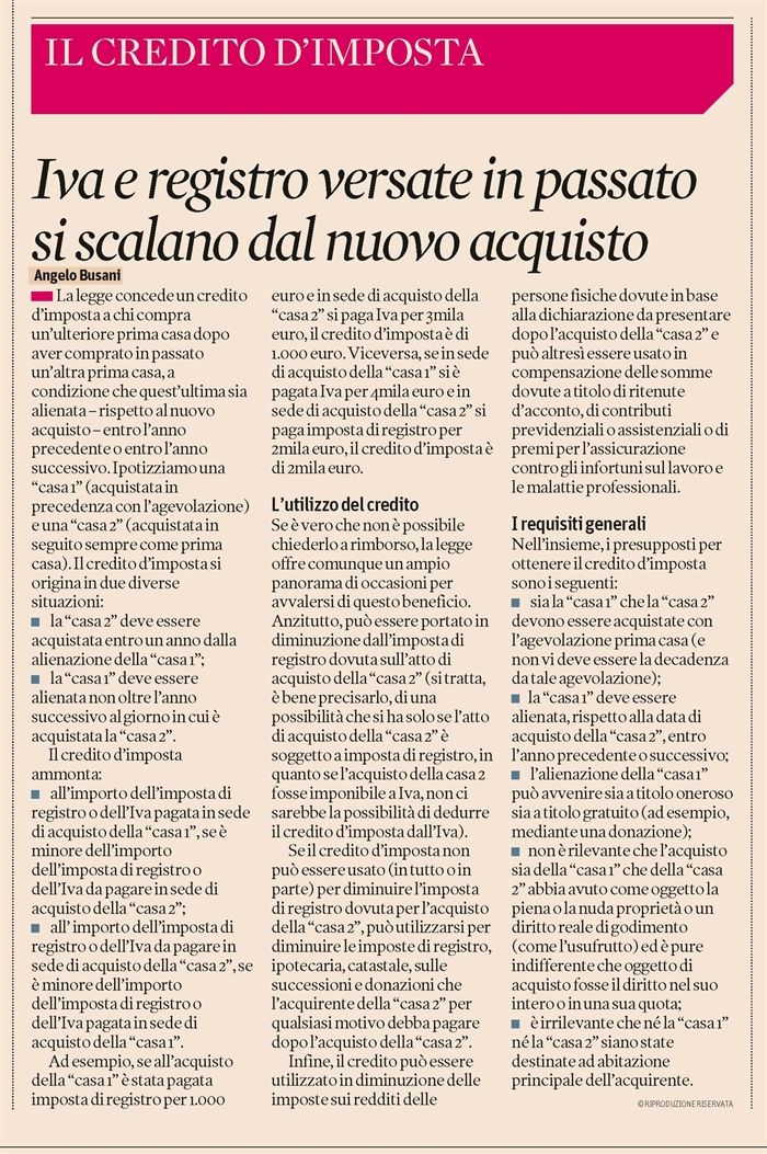 COMPRAVENDITA - Il credito d'imposta per il riacquisto della "prima casa"