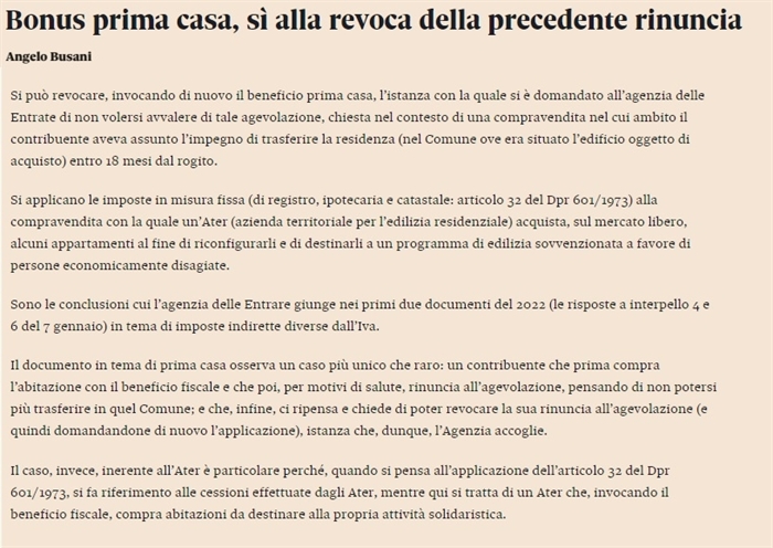 AGEVOLAZIONE 1a CASA - Revocabile l'istanza di rinuncia al beneficio fiscale