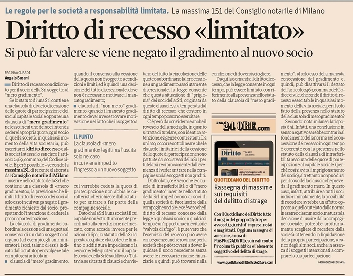 SOCIETA' - Clausola di gradimento e diritto di recesso