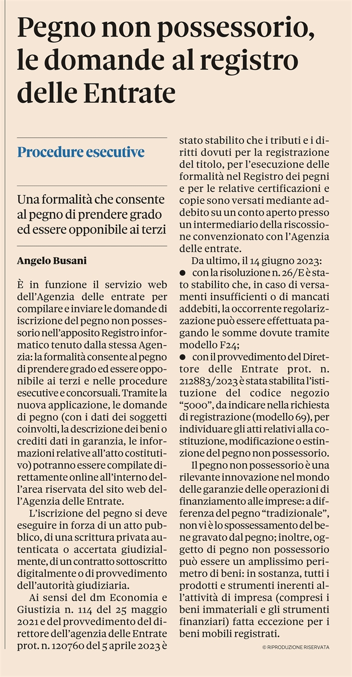 PEGNO NON POSSESSORIO - Al via il Registro dei pegni presso l'Agenzia delle Entrate