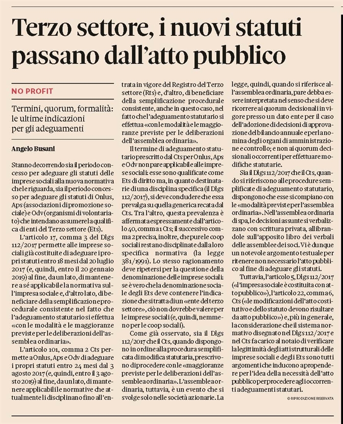 ENTI NON PROFIT - Adeguamento degli statuti di ETS e imprese sociali 