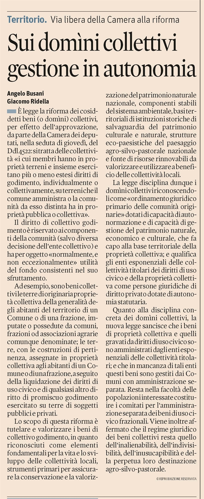 PROPRIETA' - Nuova legge sui domini collettivi