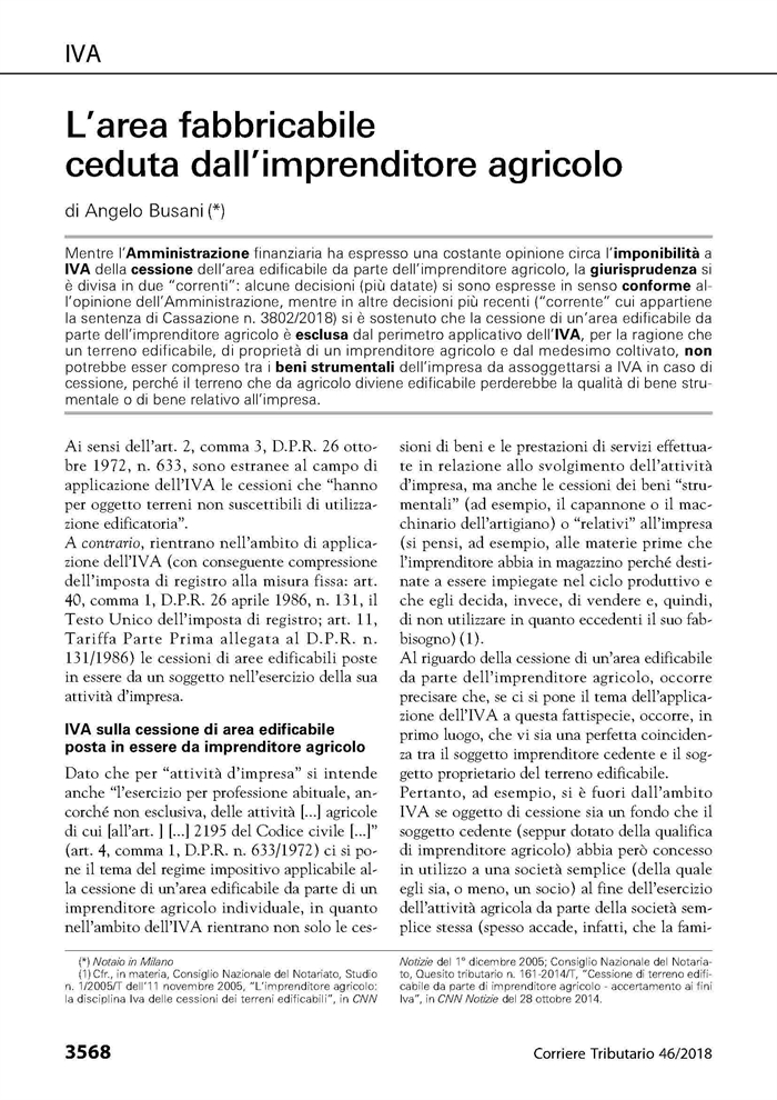 COMPRAVENDITA - L'area fabbricabile venduta dall'imprenditore agricolo
