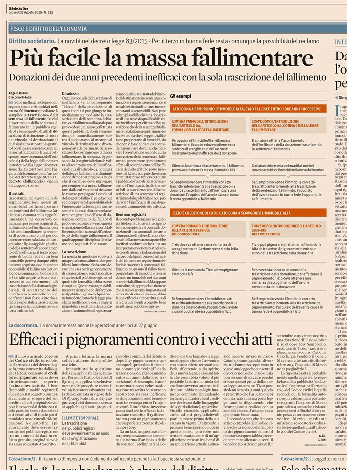 TUTELA DEL PATRIMONIO - Donazione inefficace con la trascrizione del fallimento
