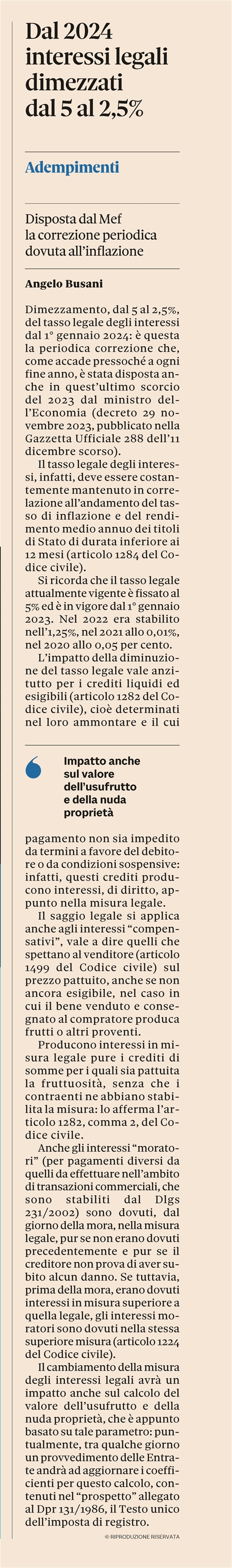 INTERESSI LEGALI 2024 - Dimezzati dal 5% al 2,5%