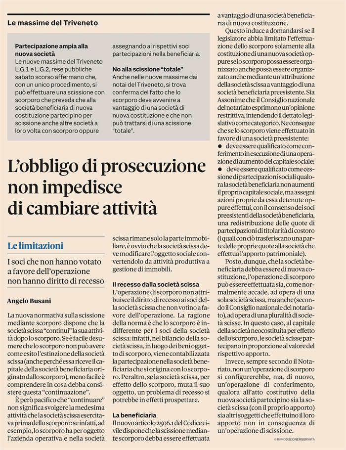 SOCIETA' - Scissione con scorporo e prosecuzione della società scissa