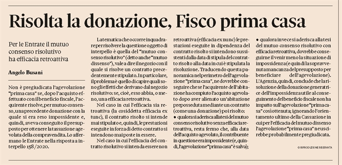 AGEVOLAZIONE PRIMA CASA - Risoluzione della donazione - Permane l'impossidenza