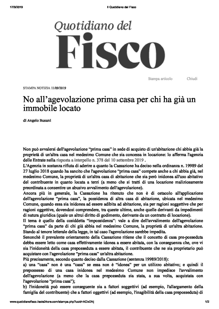 ACQUISTO "PRIMA CASA" - Prepossidenza di abitazione concessa in locazione