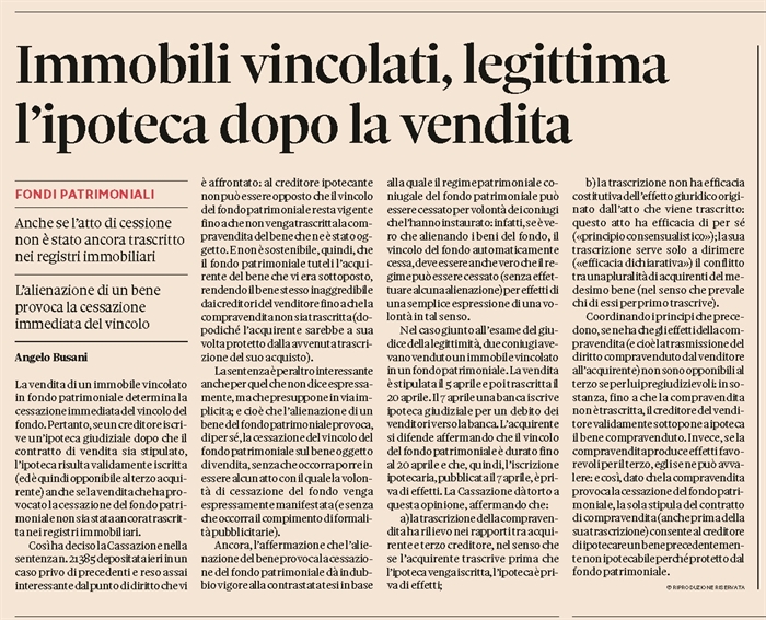FONDO PATRIMONIALE - La protezione cessa in caso di vendita dell'immobile vincolato