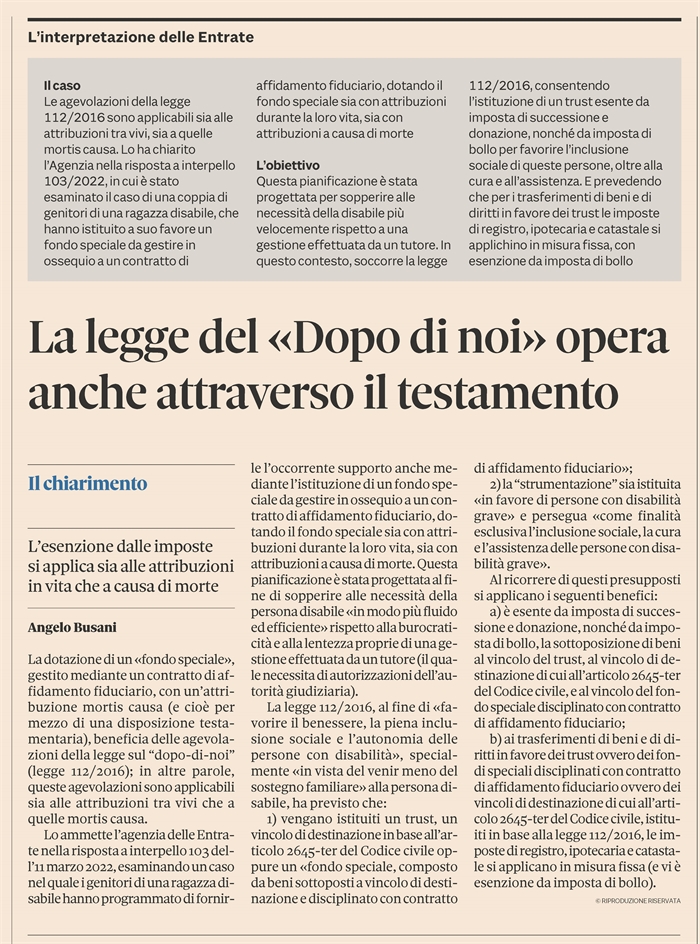 AGEVOLAZIONE 'DOPO-DI-NOI' - Si applica anche per attribuzione testamentaria (articolo edit.)