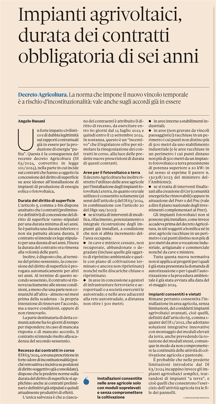 IMPIANTI AGRIVOLTAICI - Nuove norme per i contratti di concessione del diritto di superficie