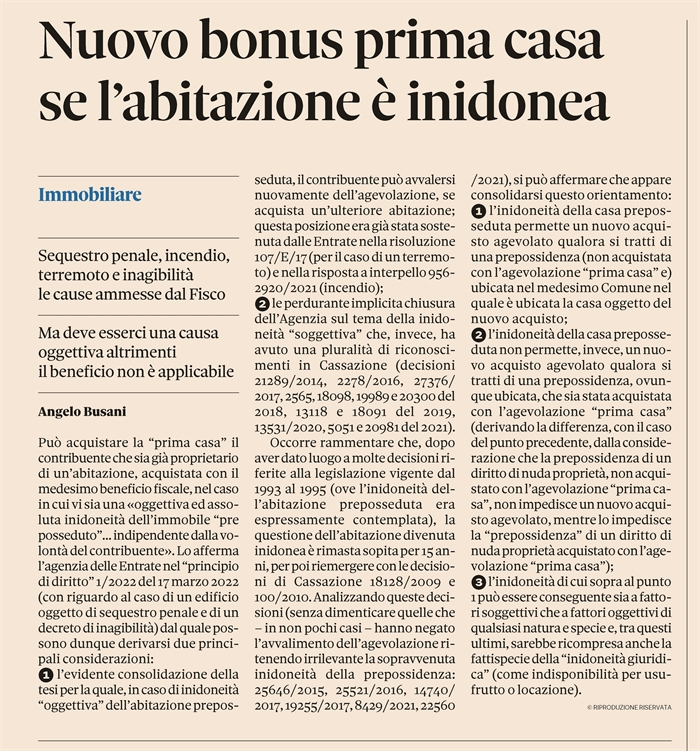 AGEVOLAZIONE PRIMA CASA - Il beneficio spetta a chi ha una casa inidonea (pagina)
