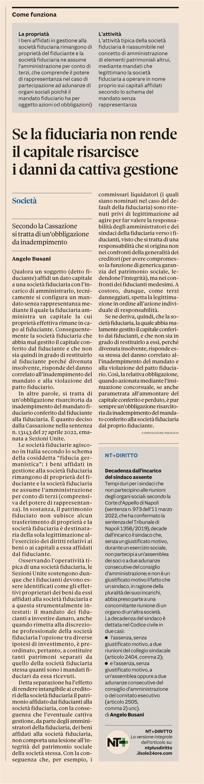 SOCIETA' FIDUCIARIA - Responsabilità da cattiva gestione