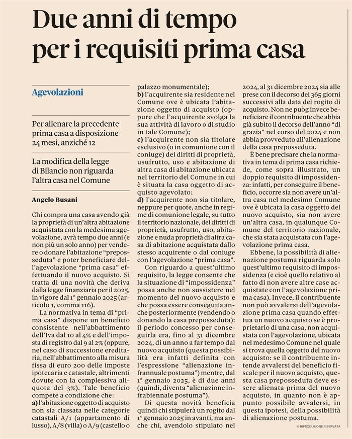 AGEVOLAZIONE PRIMA CASA - Due anni di tempo per vendere l'abitazione preposseduta