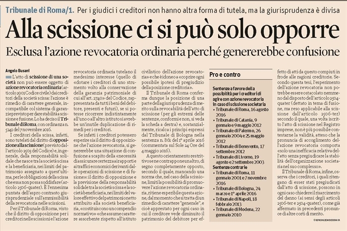 SOCIETA' - Azione revocatoria dell'atto di scissione