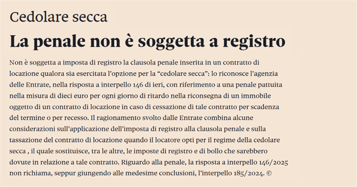 LOCAZIONE CON CEDOLARE SECCA - La penale non è tassata