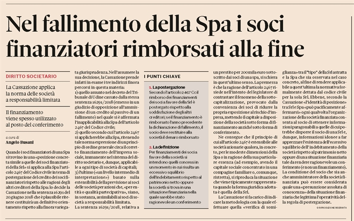 SOCIETA' - Anche nella Spa finanziamento-soci postergato al pagamento dei creditori 