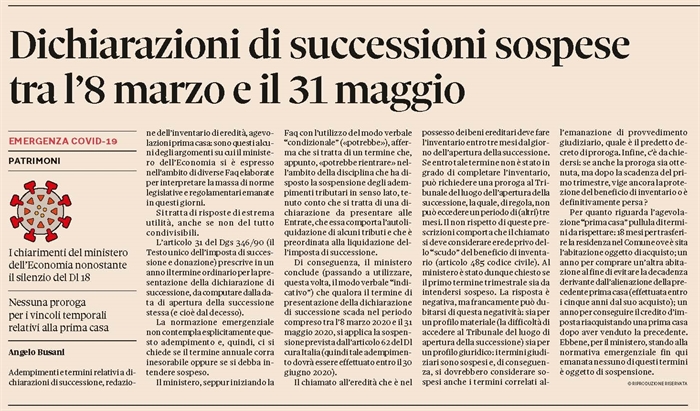 DICHIARAZIONI DI SUCCESSIONE - Sospeso il termine di presentazione fino al 31 maggio