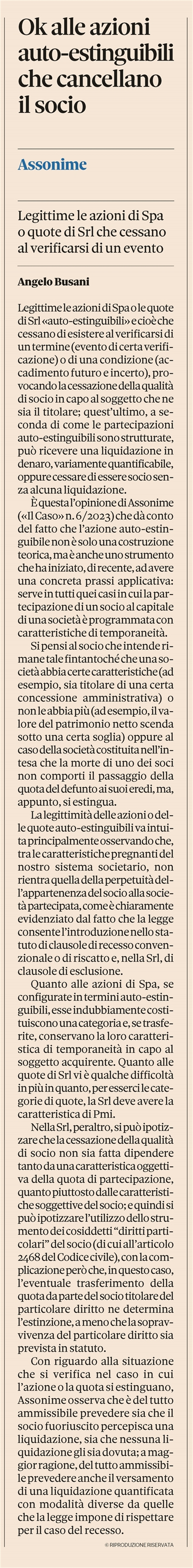 SOCIETA' - Legittime le azioni "auto-estinguibili"