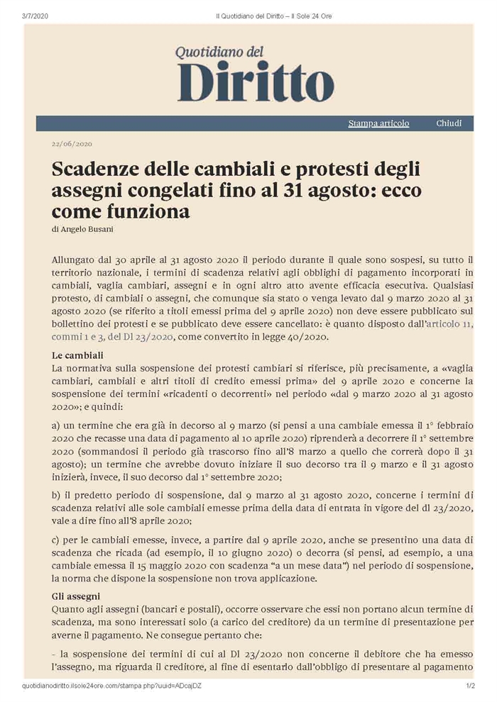 CAMBIALI - Protesti sospesi fino al 31 agosto