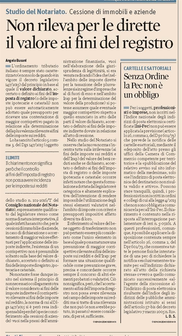 IMPOSTA DI REGISTRO - Valore ai fini del registro e imposte sui redditi