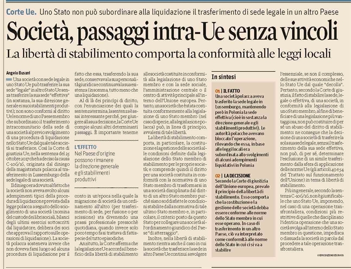 SOCIETA' - Trasferimento sede legale in altro Paese UE senza trasferire sede "effettiva"