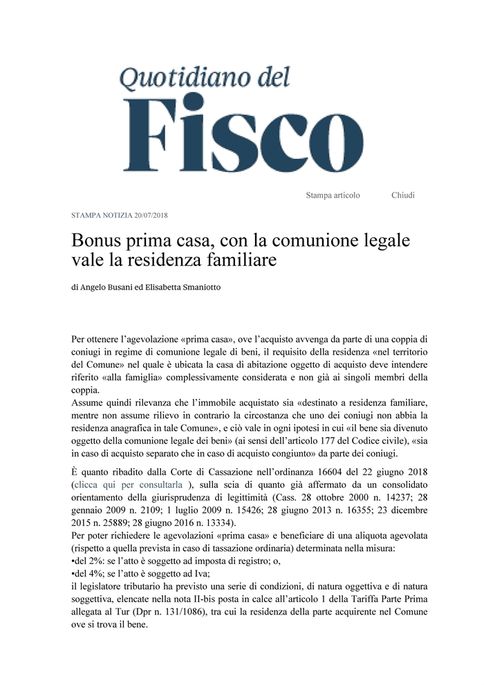 COMPRAVENDITA - "Prima casa" - I coniugi acquirenti possono avere residenze separate