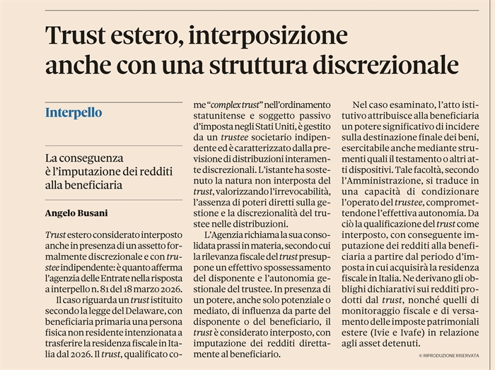 TRUST ESTERO - Interposto anche se discrezionale